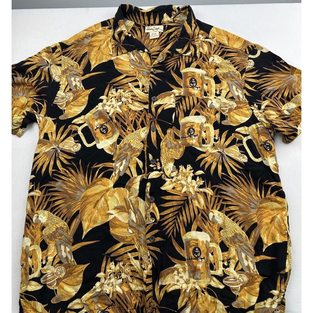 Vintage Panama Jack Men's Hawaiian Shirt‎ XL Black Gold Beer Parrot Short Sleeve